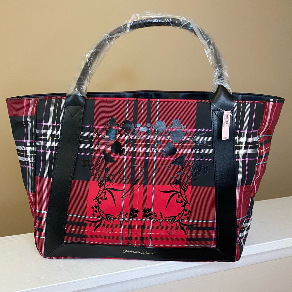 NWT Victoria's Secret Holiday Red Plaid Tote Bag